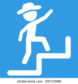 Guy Steps Upstairs vector icon. Style is flat symbol, white color, rounded angles, blue background.