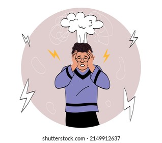 Guy in stress. Man with glasses holds his head, panic and depression. Problems at work or failures. Employee got into mental impasse, emotional burnout and anger. Cartoon flat vector illustration