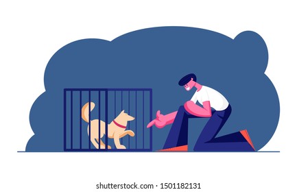 Guy Stretch Hand to Dog in Cage. Wildlife Protection and Rescue Man Adopting Pet from Shelter. Pound, Rehabilitation or Adoption Center for Stray and Homeless Animals. Cartoon Flat Vector Illustration