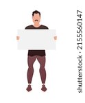 A guy of a strong physique in full growth and holds an empty space for advertising in his hands. Isolated. Cartoon style. Vector illustration