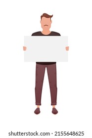 Un hombre de fuerte físico en pleno crecimiento y tiene una sábana en blanco en las manos. Aislado. Estilo de caricatura. Ilustración del vector