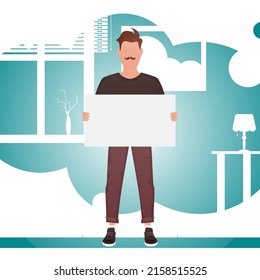 A guy of strong physique in full growth holds a blank sheet in his hands. Place for your advertisement. Cartoon style. Vector illustration