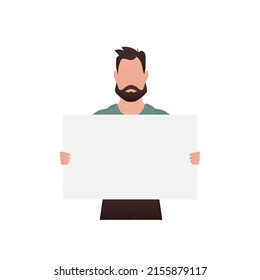 A guy with a strong physique holds a blank sheet in his hands. Isolated. Cartoon style. Vector illustration