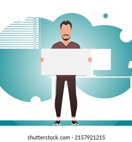 A guy with a strong physique holds a blank sheet in his hands. Place for your advertisement. Cartoon style. Vector illustration