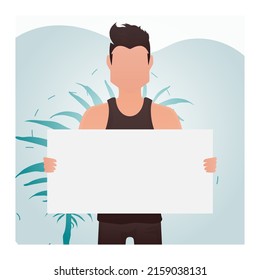 A Guy With A Strong Physique Holds A Blank Sheet In His Hands. Rally. Cartoon Style. Vector Illustration