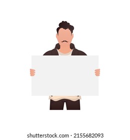 A guy with a strong physique holds an empty banner in his hands. Isolated. Cartoon style. Vector illustration