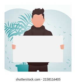 A Guy With A Strong Physique Holds An Empty Banner In His Hands. Rally. Cartoon Style. Vector Illustration