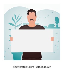 A Guy With A Strong Physique Holds An Empty Sign In His Hands. Rally. Cartoon Style. Vector Illustration