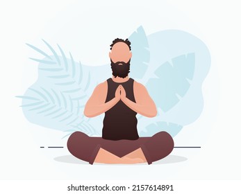 The guy of a strong physique sits is engaged in meditation. Yoga. Cartoon style. Vector illustration
