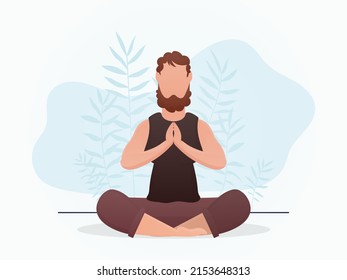 A guy of strong physique sits in a lotus position. Yoga. Cartoon style. Vector illustration