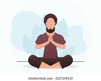 A guy of strong physique sits in a lotus position. Meditation. Cartoon style. Vector illustration