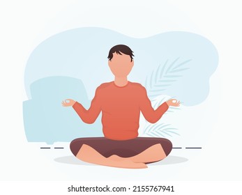 El tipo de un físico fuerte se sienta a meditar. Meditación. Estilo de caricatura. Ilustración del vector