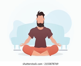 A guy with a strong physique sits meditating in the lotus position. Yoga. Cartoon style. Vector illustration