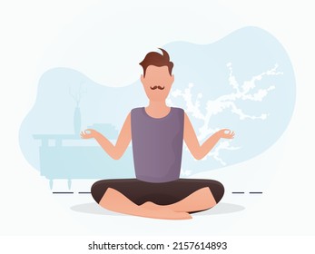 The guy of a strong physique sits meditating. Yoga. Cartoon style. Vector illustration