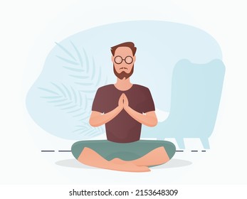 A guy with a strong physique is sitting and doing yoga. Meditation. Cartoon style. Vector illustration