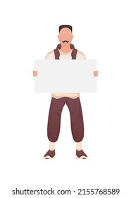 Un hombre de físico fuerte se para a toda estatura y sostiene una señal vacía en sus manos. Aislado. Estilo de caricatura. Ilustración del vector