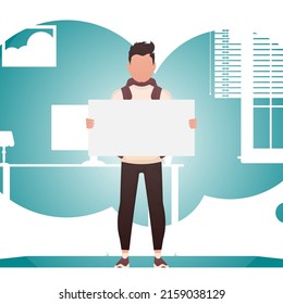 A guy with a strong physique stands in full growth and holds an empty banner in his hands. Place for your advertisement. Cartoon style. Vector illustration