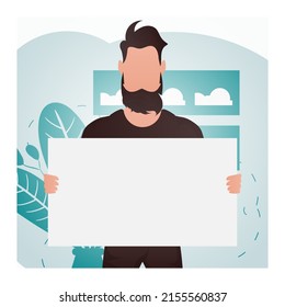 A guy of strong physique stands waist-deep and holds an empty banner in his hands. Place for your advertisement. Cartoon style. Vector illustration