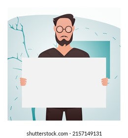 Un hombre de físico fuerte se mantiene con la cintura y tiene una sábana en blanco en las manos. Coloca tu anuncio. Estilo de caricatura. Ilustración del vector