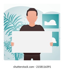 A Guy Of Strong Physique Stands Waist-deep And Holds A Blank Sheet In His Hands. Rally. Cartoon Style. Vector Illustration