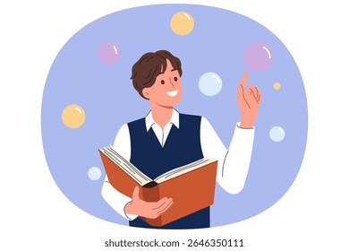 Estudante de Guy com livro em mãos lê literatura de ficção científica e fica entre bolhas de ar. Estudante livraria com livro didático comemora a oportunidade de extrair conhecimento da enciclopédia
