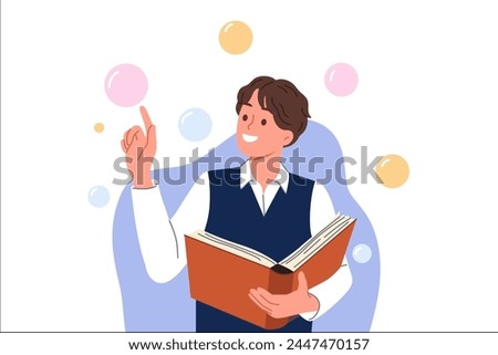 Guy student with book in hands reads science fiction literature and stands among air bubbles. Student bookworm with textbook rejoices at opportunity to extract knowledge from encyclopedia