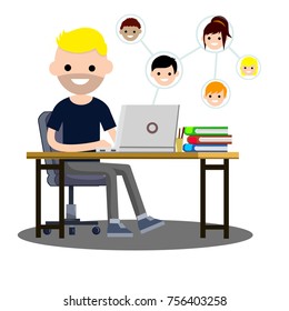 the guy is a student in dark clothes sitting on the table in a chair with a computer and books and communicate in social networks
 - cartoon flat illustration