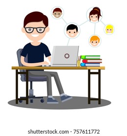 the guy is a student in dark clothes sitting on the table in a chair with a computer and books and communicate in social networks
 - cartoon flat illustration