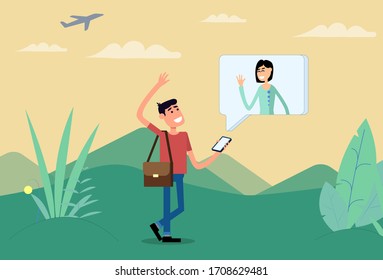 Un chico con un estudiante de intercambio se comunica por video enlace con su madre o su novia. Ilustración vectorial de alta calidad en estilo plano.