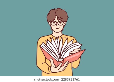 Guy student leafing through book in search information for preparation of essay given by university teacher. Man with book reads for self-education and gaining new knowledge from classical literature