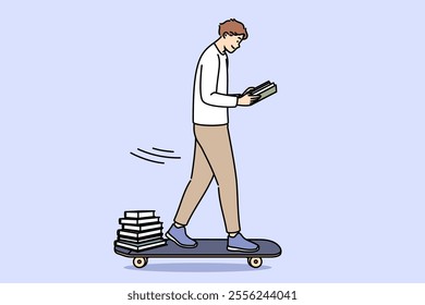 Guy student reads book and rides skateboard, preparing for exam on way home from college. Happy male student enthusiastically studies literature to gain new knowledge and enter good university