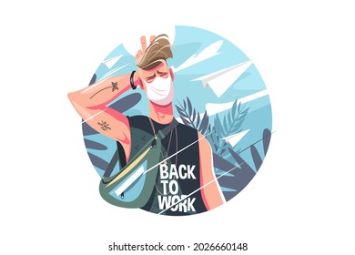 Guy student in shirt vector illustration. Handsome man in protective face mask flat style. Stylish hairstyle. Youth and self expression concept. Isolated on white background