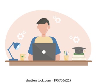 El tipo es un estudiante sentado en una laptop. Aprendiendo en línea. Suministros escolares sobre la mesa. Libros, taza, lámpara de mesa. Ilustración vectorial.