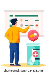 Guy studies statistics of spread of the coronavirus on the poster. Quarantine mode during epidemic. Calendar depicting a virus icon. Large container with pills. Man trying to avoid covid-19