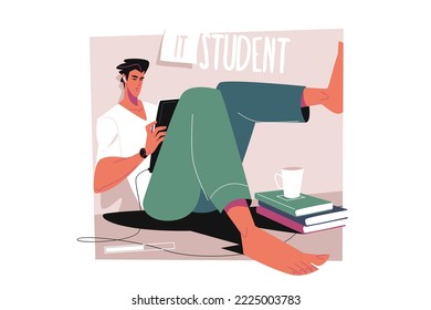 Jemand lernt vor der Uni Vektorgrafik. Studierende mit modernem Gadget für das Lernen eines flachen Konzepts