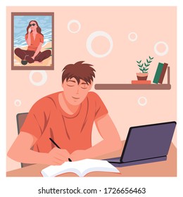 Guy studying at home vector illustration. Man sitting at a desk and working or studying on the computer at home. Student boy writing in notebook doing homework with laptop at desk. Online learning.