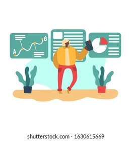 The guy is studying at home. A young man is studying online courses. Simple flat vector cartoon illustration.