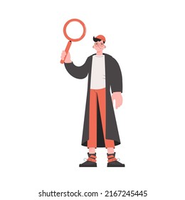 A guy in stylish clothes stands in full growth and holds a magnifying glass in his hands. Isolated. Element for presentations, sites. Vector illustration