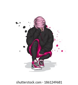 A guy in a stylish hoodie, shorts and sneakers is squatting. Clothes and accessories.