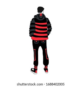 a guy in stylish trousers, sneakers and a down jacket looks into the distance. Vector color illustration in a flat style isolated on a white background. For articles, blogs, posters, banners.
