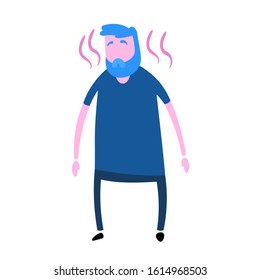 Guy suffering with shoulder pain or sunburn. Flat design icon. Colorful flat vector illustration. Isolated on white background.