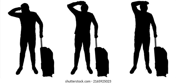 The guy with the suitcase is waiting, watching the situation, he raised his hand to his head to focus his vision. A man with a suitcase on wheels. Full face. Three black male silhouettes isolated