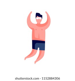 Guy sunbathing, top view, young man relaxing at the beach vector Illustration on a white background
