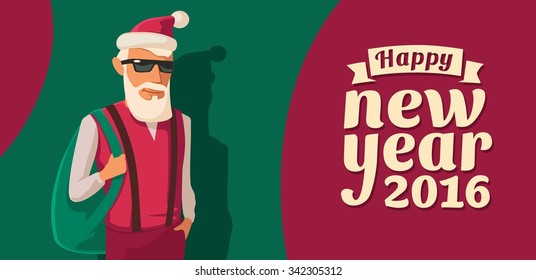 Guy with sunglasses and a Christmas hat - Hipster Santa Claus. Dressed in a trendy style. Wide flat vector illustration.