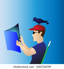 a guy in sunglasses and a red cap reads a magazine with a bird on his head. Vector Illustration