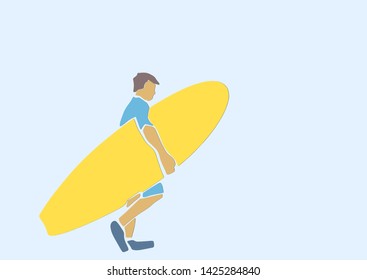 Guy with the surfboard goes to the sea. Surfer with board. Active leisure, surfing. Applique or paper cut style. Colorful vector illustration.