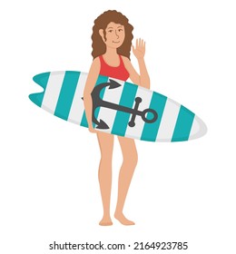 Un tipo con una tabla de surf en sus manos. Piloto plano de doodle. Todos los objetos se vuelven a pintar.