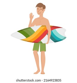 A guy with a surfboard in his hands. Flat doodle clipart. All objects are repainted.