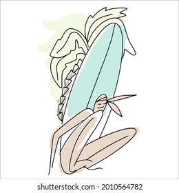 Guy with a surfboard, resting under a palm tree, coconuts summer vibes. wave, youth, rest, abstract drawing, line, sketch