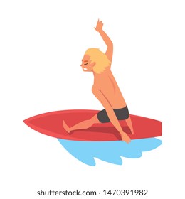 Guy Surfer Character Riding on Ocean Wave with Surfboard, Summer Recreational Beach Water Sport Vector Illustration